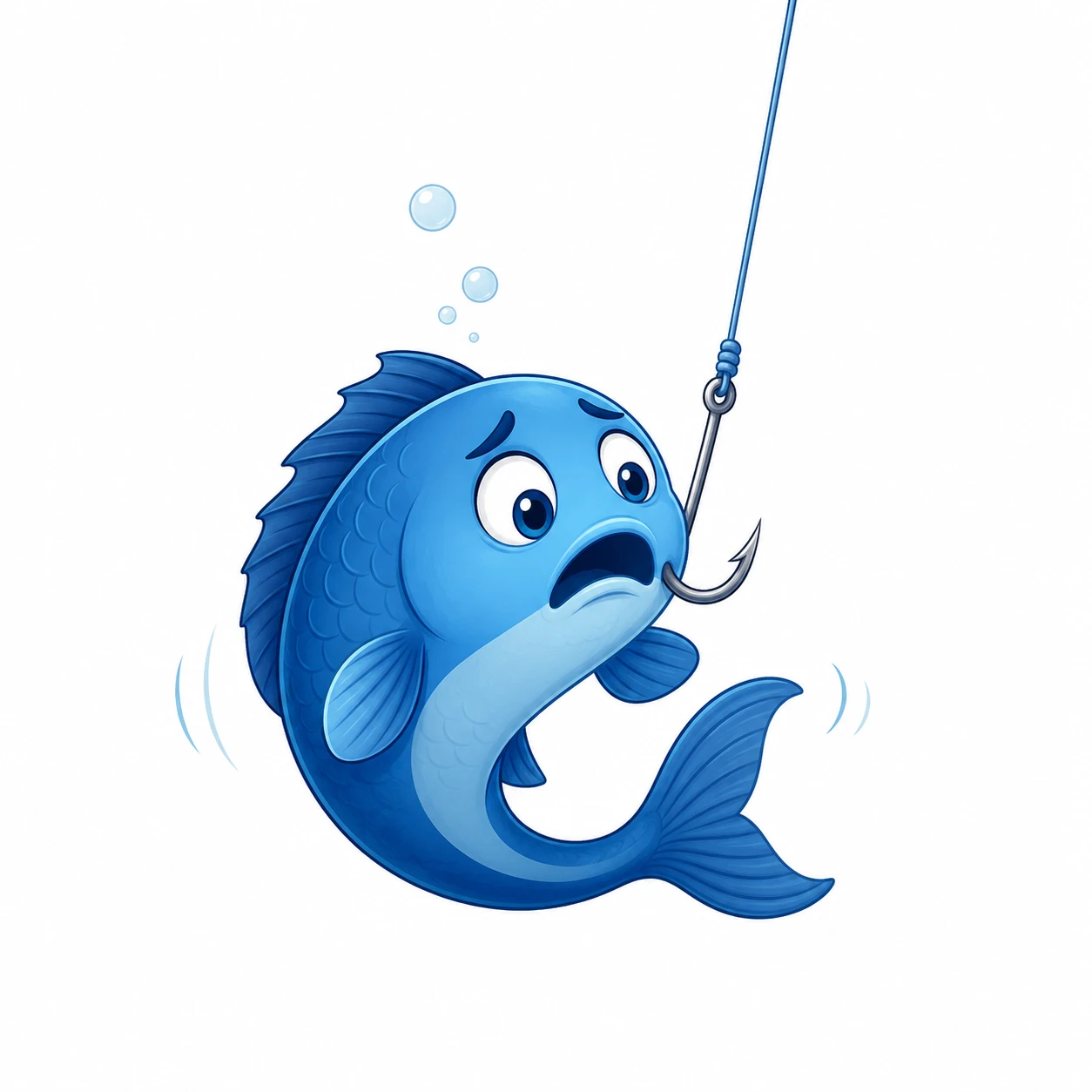 An illustration of a worried fish caught on a hook, representing how a thought or feeling can pull our attention and actions along with it.
