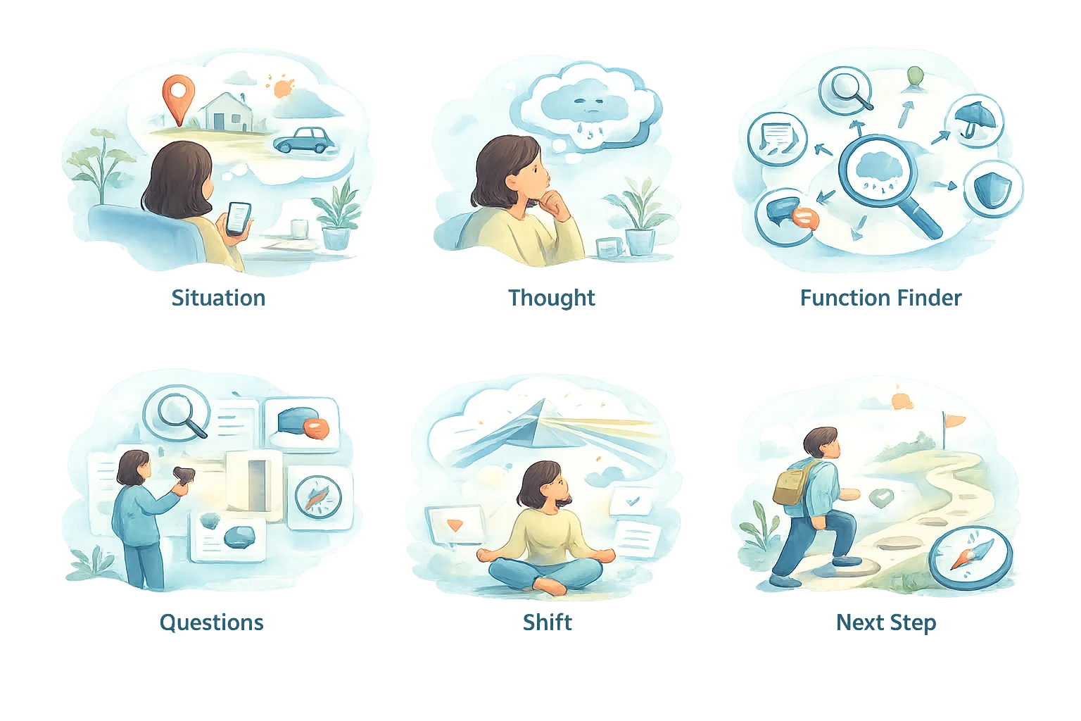 Six illustrated stages of the exercise: Situation, Thought, WTF? (What's the Function?), Questions, Shift, and Next Step.